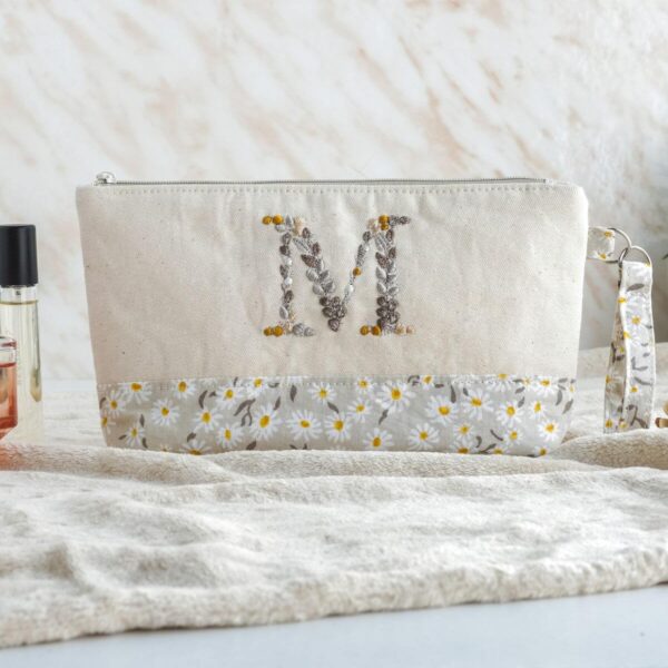 Personalized makeup bag with floral monogram embroidery