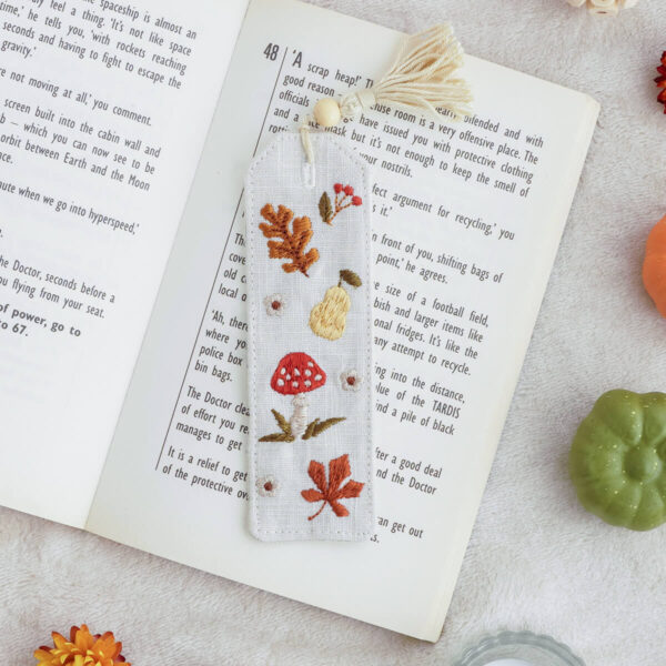 Embroidered fabric bookmark with autumn tones, Beige