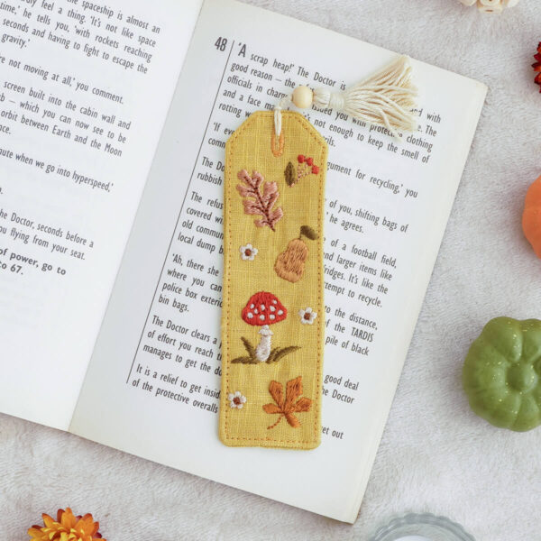 Embroidered fabric bookmark with autumn tones, Mustard