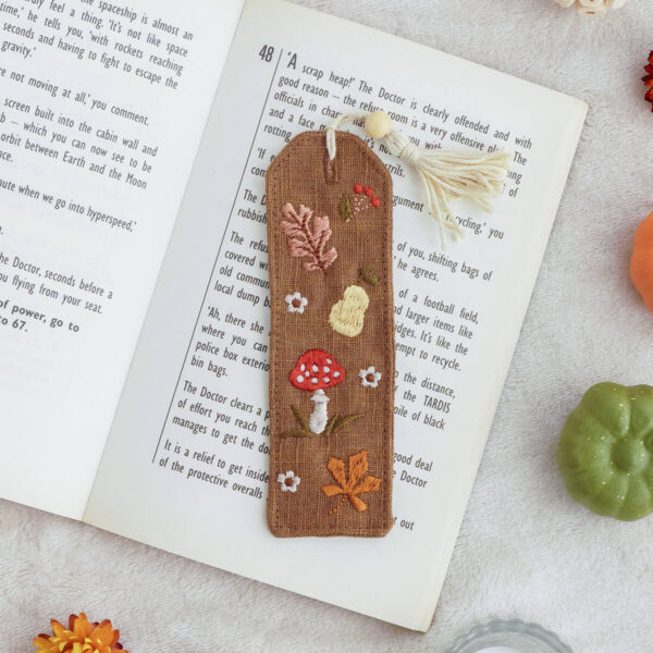Embroidered fabric bookmark with autumn tones, Rust