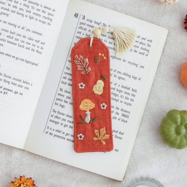 Embroidered fabric bookmark with autumn tones, Brick