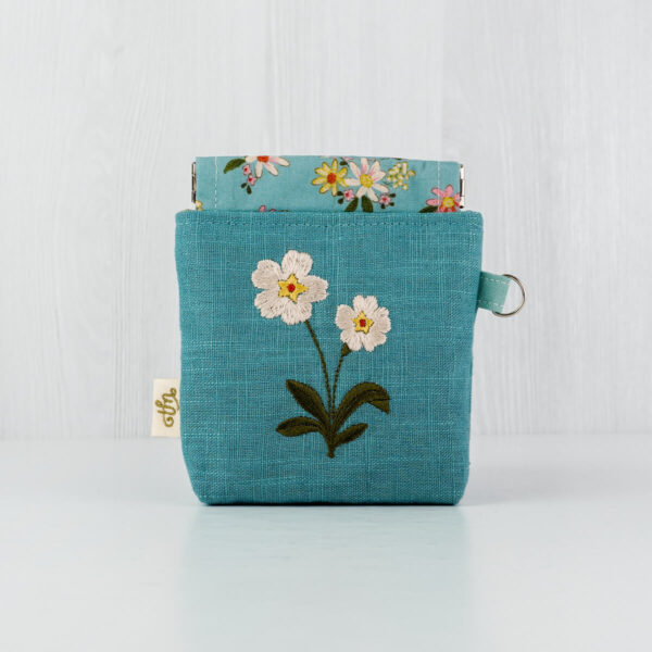 Small fabric floral embroidered coin purse, Primrose on teal