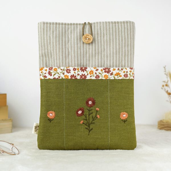 Padded book sleeve with embroidered flowers, Alpine Aster
