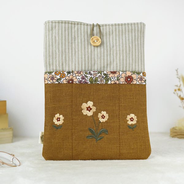 Padded book sleeve with embroidered flowers, Pristine Primrose